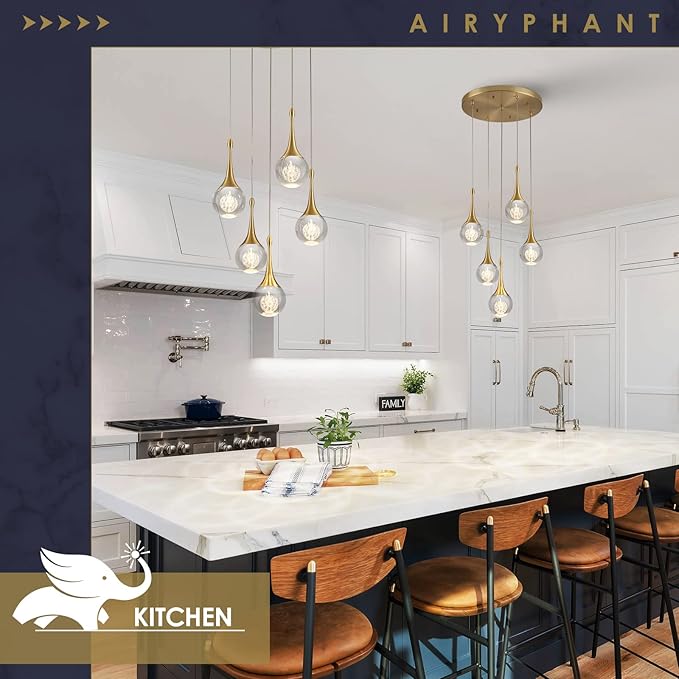 5 Lights Crystal Pendant Light, 25W Gold Dimmable LED Teardrop Cluster Pendant Lighting Fixture for Dining Room Kitchen Living Room Foyer Hallway Bedroom 3000k Warm White