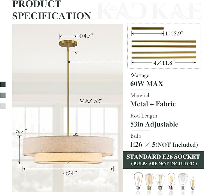 Gold Modern Chandelier 23.6'' Drum Chandeliers with 2-Layer Fabric Shade 5-Light Linen Pendant Light Fixture for Dining Room Bedroom Kitchen Hallway Foyer