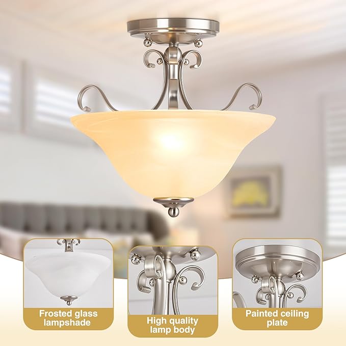 Luvkczc Semi Flush Mount Ceiling Light,Brushed Nickel Ceiling Light Fixture, Mid Century Ceiling Light,Modern Glass Close to Ceiling Light for Bedroom Kitchen Porch Hallway,Bulbs Not Included