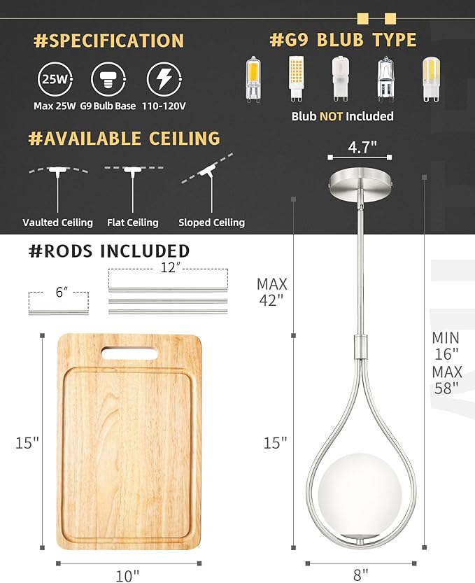 Autelo 2 Pack Pendant Lights Kitchen Island, 1-Light Pendant Lights in Brushed Nickel Finish with Milky White Globe Glass, Nickel Pendant Light Fixtures, Hanging Lamp for Kitchen Island H9377 MGST-2PK
