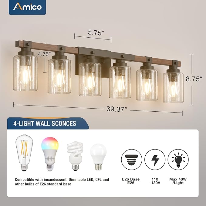 Amico Farmhouse Bathroom Vanity Light Fixtures,Rustic 6-Light Industrial Painted Wood Lights,Vintage Black Wall Sconces Bathroom Vanity Lighting with Bubble Glass Shade