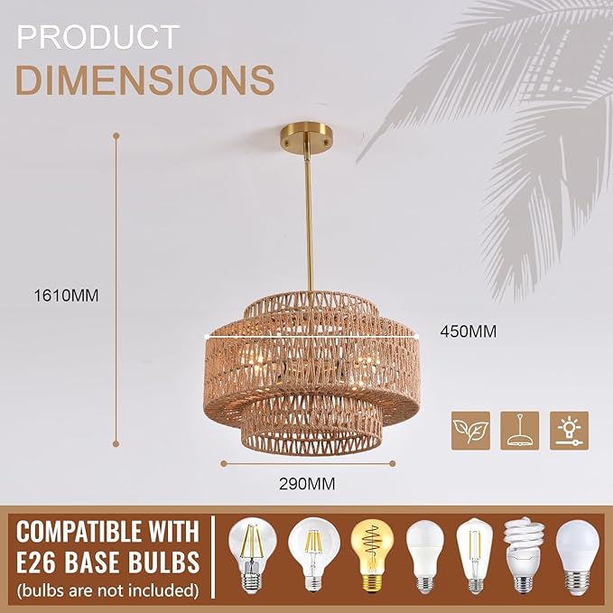 4-Light Boho Rattan Chandelier Light Fixture 17.7" 3-Tier Farmhouse Boho Chandelier Hand Woven Rattan Pendant Light Rustic