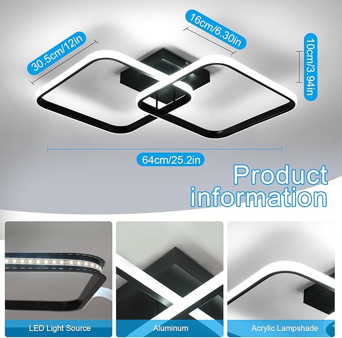 DELIPOP 25 Inch Modern Ceiling Light, 40W Sqaure LED Ceiling Light 3000k/4500k/6500k 3 Color Temperatures Adjusted Flush Mount Ceiling Light for Hallway Bedroom Bathroom Living Room