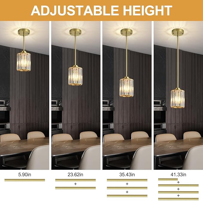 3 Pack Crystal Pendant Lights Kitchen Island, Adjustable Hight Modern Gold Mini Chandelier, Ceiling Hanging Light Fixtures, Lamparas Colgantes for Kitchen Hallway Dining Room Bedroom