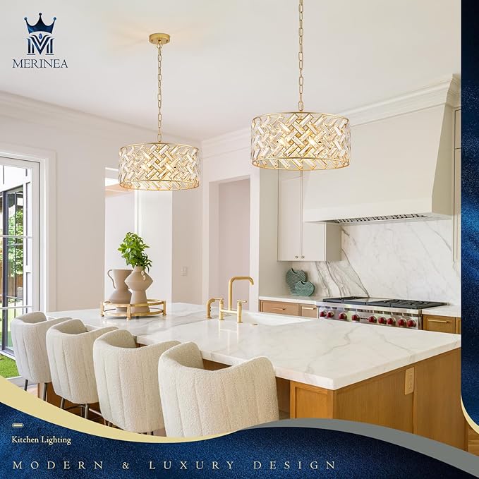 Gold Crystal Chandelier, 18" Modern Drum Ceiling Light Fixture, Luxury 6-Light K9 Crystal Pendant Lighting, Convertible Semi Flush Mount Hanging Light for Dining Room, Living Room, Bedroom, Kitchen