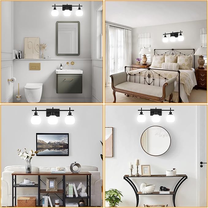 Dpyrrhic Modern Vanity Lighting Fixtures,3-Light Black Bathroom Lighting Fixtures Over Mirror，Bathroom Wall Mounted Vanity Light with Milky White Glass Lampshade for Living Room，Bedroom，Hallway