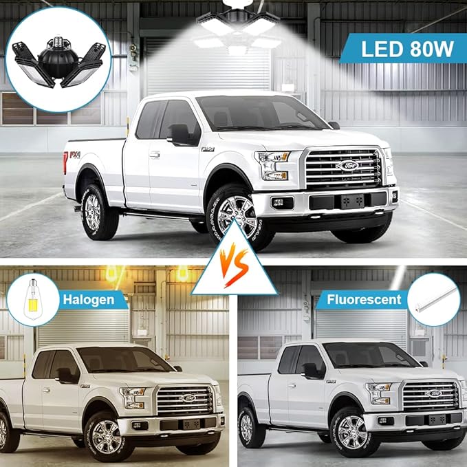 LED Garage Lights 2 Pack,Ceiling LED Shop Light 160W 16000LM 6500K Screw in Led Light with 5+1 Deformable Panels, Bright Led Lighting for Garage Workshop Basement Support E26/E27 Socket