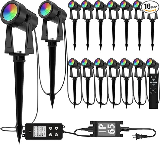 SUNTHIN Outdoor RGBW Landscape Lighting with Remote, Dusk to Dawn, 16 Pack | Color Changing Spot Uplights, IP65 Waterproof, Timed, Dimmable, Extendable, Low voltage