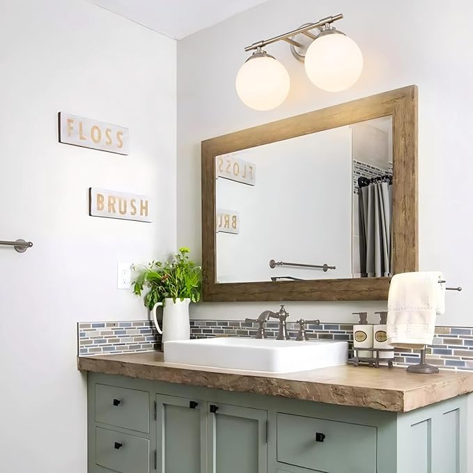Rayogale Bathroom Light Fixtures, 2-Light Nickel Vanity Lights Over Mirror with White Glass Shade, 15 Inch Bathroom Wall Sconces for Bedroom Living Room (Bulbs Not Included)