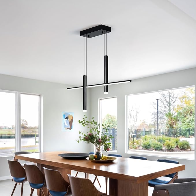 Modern LED Linear Pendant Light with Dual Spotlights Dimmable 6000K Pendant Lights Kitchen Island Plated Black Chandeliers for Dining Room Table Living Room Bedroom(L31.5in)