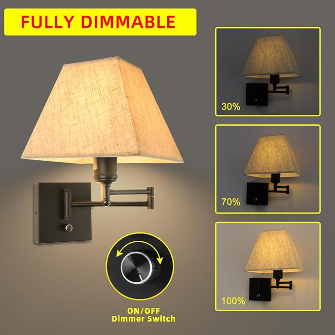 13" Modern Swing Arm Wall Lamp Plug in Wall Sconce with USB and Type-C Port Wall Mounted Lamp with Dimmable Switch Black Wall Sconce Beige Fabric Shade Suitable for Hallway Bedroom Living Room