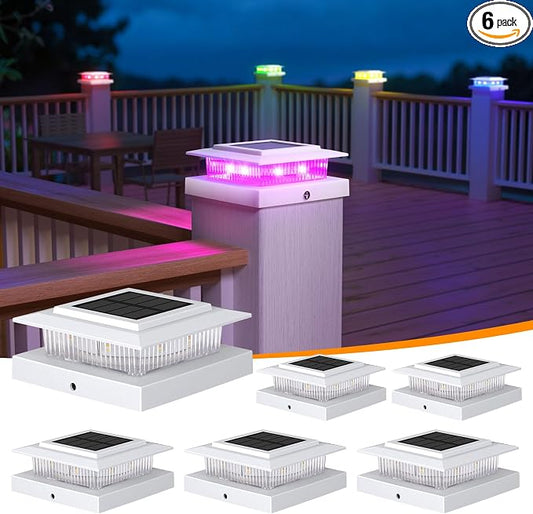 APONUO 6 Pack Solar Post Cap Lights Color Changing - 8 Solid Colors & Flowing Multicolor, IP65 Waterproof for 4x4 Wood/Vinyl Posts, Auto On/Off Deck Fence Patio Garden Lighting, White