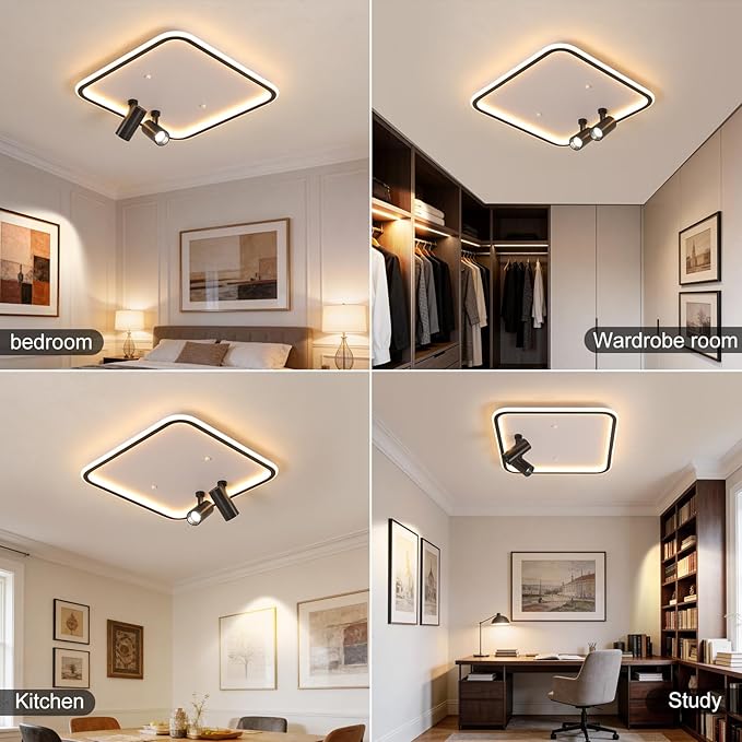 Modern Square LED Flush Mount Ceiling Light Fixture, 2 Adjustable Spotlights, Black Frame White Shade Minimalist Lighting for Living Room Bedroom Kitchen