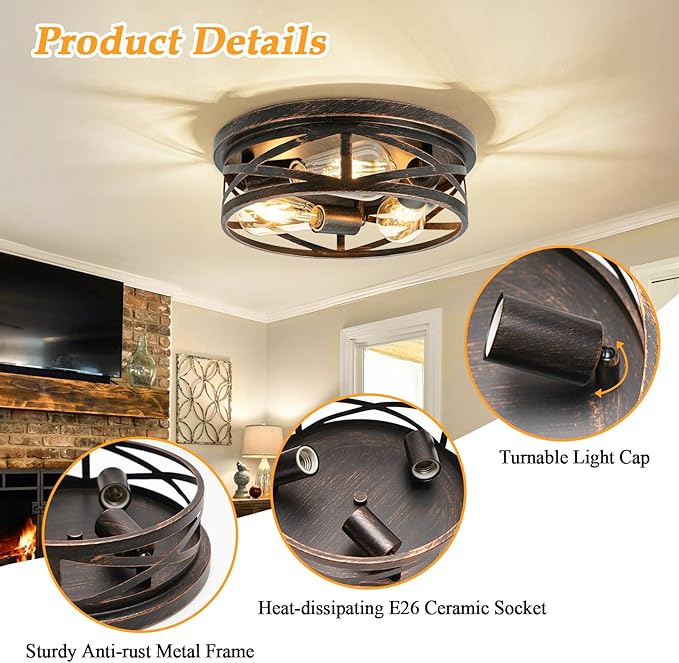 3-Light Flush Mount Ceiling Light Fixture, Farmhouse Ceiling Lights for Kitchen, Modern Black Close to Ceiling Light for Hallway Bedroom Balcony Porch Stairway, E26 (Oil Rubbed Bronze, 1 Pack)