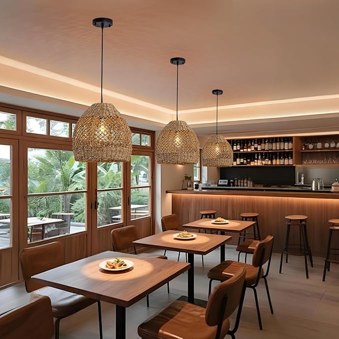 Boho Rattan Pendant Lights 13.8IN Farmhouse Dining Room Light Fixtures Hand-Woven Seagrass Chandelier Coastal Wicker Hanging Lighting for Kitchen Island Entry Living Room Bedroom Foyer Restaurant