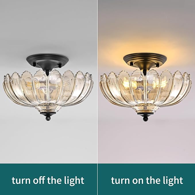 Cognac Glass Ceiling Light Fixture - Handmade Art Glass Semi Flush Mount Lighting, 3 E26 Base Vintage Chandelier with Rich Cognac Shade, Dimmable for Bedroom Kitchen Entryway
