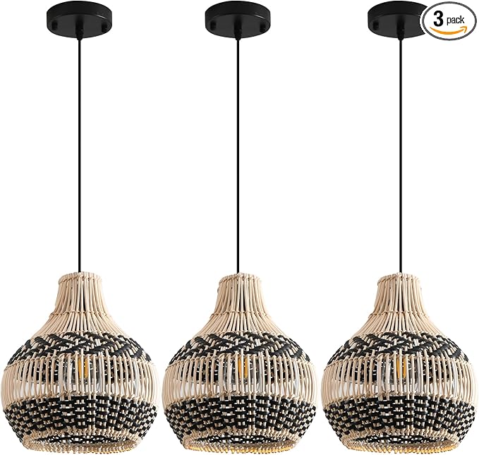3-Pack Rattan Pendant Light,11" Hand-Woven Black Faux Boho Wicker Pendant Light Mini Rattan Hanging Light Fixture Farmhouse Woven Chandelier for Kitchen Island Bedroom Dining Room