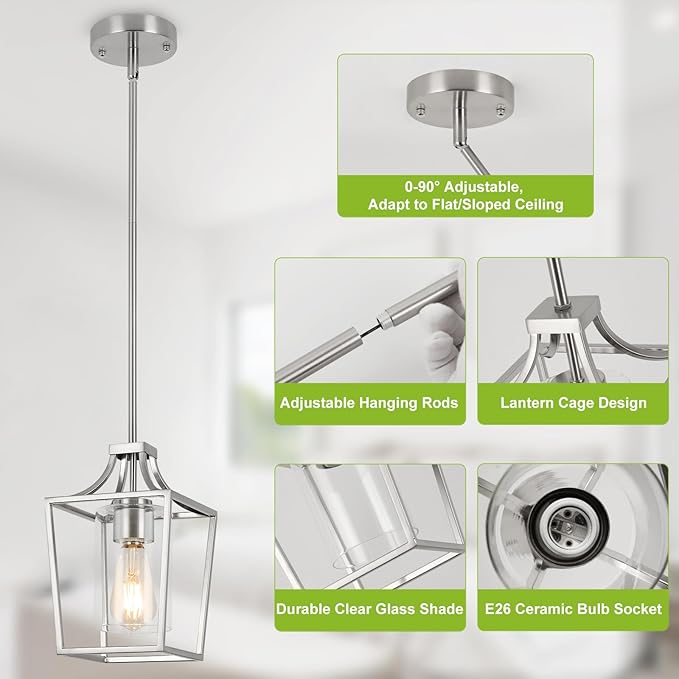 Brushed Nickel Lantern Pendant Light Fixture Pendant Lights for Kitchen Island with Clear Glass Shade, Adjustable Height Rods Pendant Lighting for Dining Room Kitchen Foyer Hallway