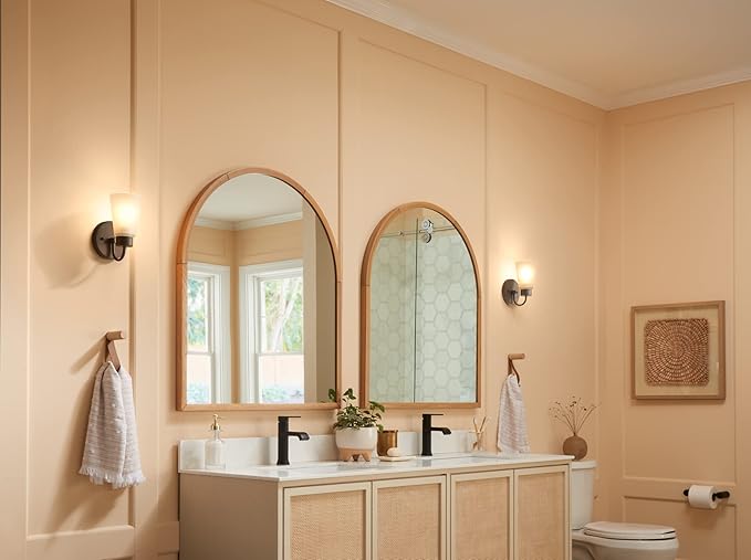 Kichler Stamos Wall Sconce 1-Light with Satin Etched Glass, Modern Bathroom or Hallway Light in Olde Bronze®, (8" H x 5" W x 6" D)