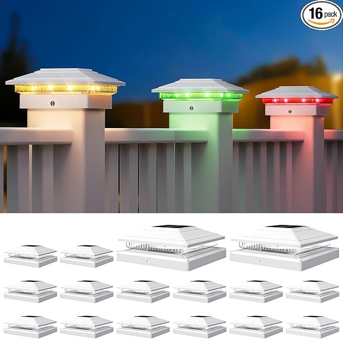 APONUO Solar Post Cap Lights Color Changing - RGB 8 Solid & Gradient Colors, IP65 Waterproof, for 4x4 5x5 6x6 Wood Vinyl Fences, Deck, Patio, Yard, White, 16 Pack
