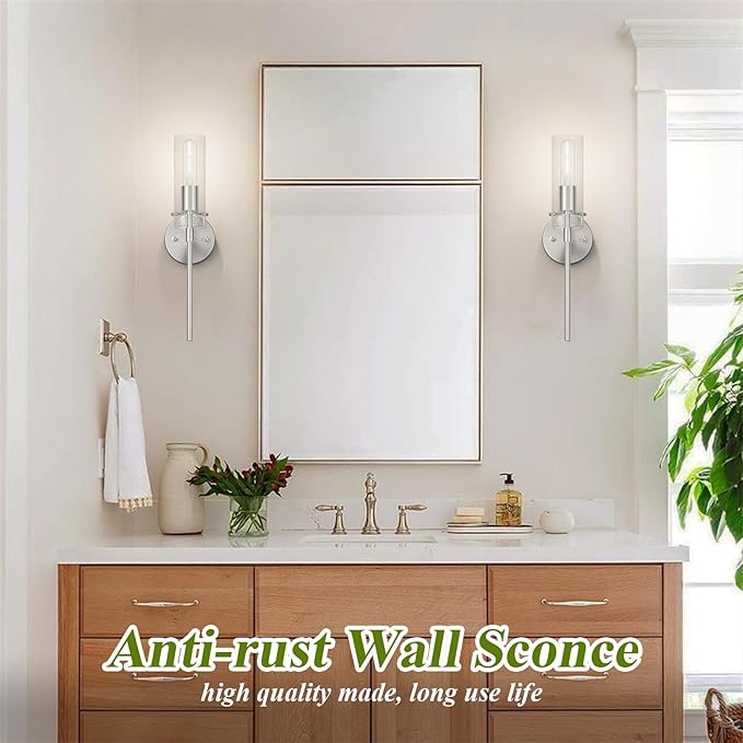 Wall Sconce Set of 2 Brushed Nickel Wall Light, Bathroom Vanity Light Fixture Modern Indoor Wall Light with Clear Glass Shade for Bathroom Bedroom Living Room Hallway Vanity