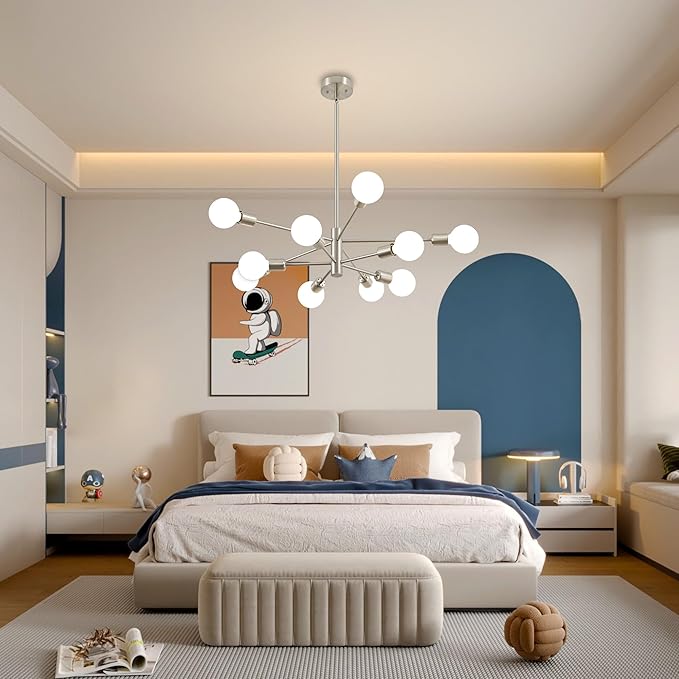 Sputnik Chandelier Modern Brushed Nickel Chandeliers Mid Century Ceiling Lighting Fixture for Living Room, Kitchen, Bedroom, Dining Room, and Farmhouse (10-Light)