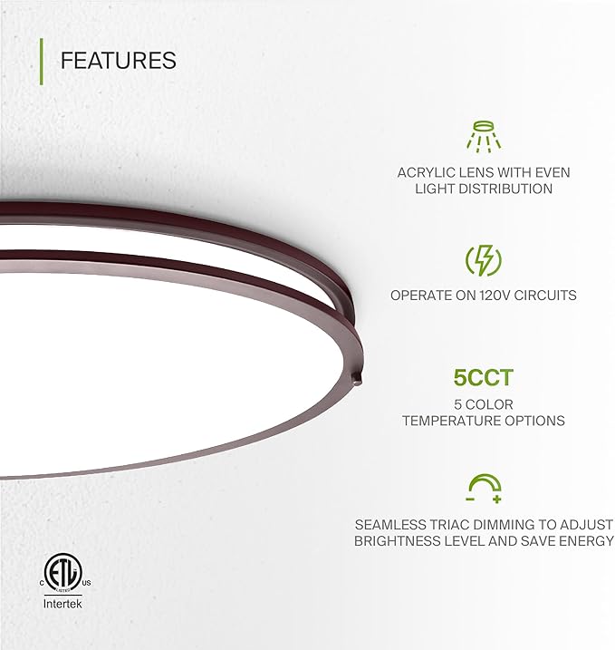 ASD LED 32" Oval Flush Mount Lighting, Close to Ceiling Light Fixture | 5CCT, Dimmable, ETL Listed | 50W 4195LM 2700-5000K 120V | Low Profile Double Ring Lamp | Dark Bronze