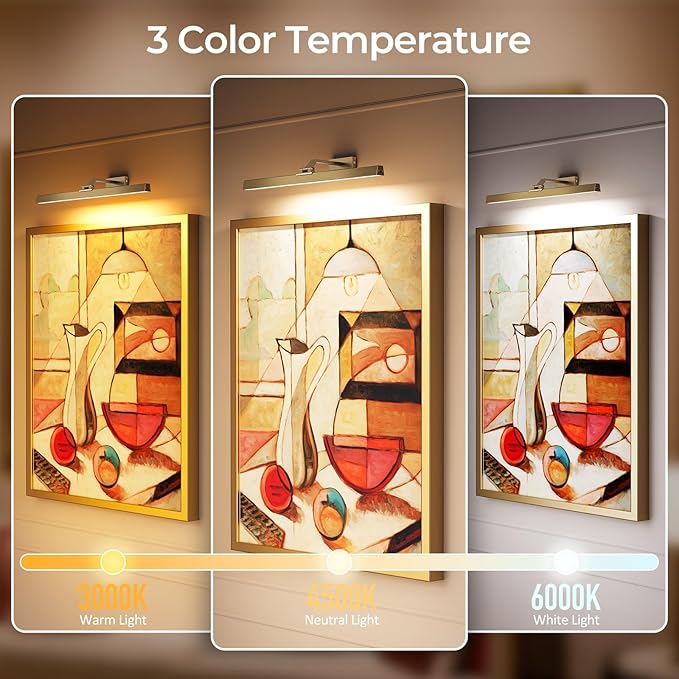 Afyuol Picture Lights for Wall, Brass Battery Operated Picture Light 24in Art Light CCT Dimmable Recharging Battery Wall Light with Remote Control for Living Room Gallery
