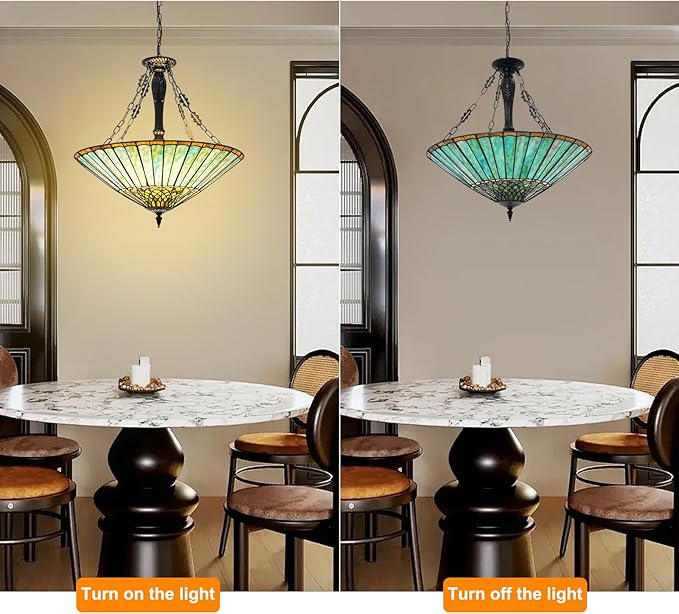Pendant Light Fixtures, 23.62" Wide Stained Glass Inverted Antique Style Ceiling Pendant for Dining Room, 5 Lights Hanging Lamp for Living Room Kitchen Entryway