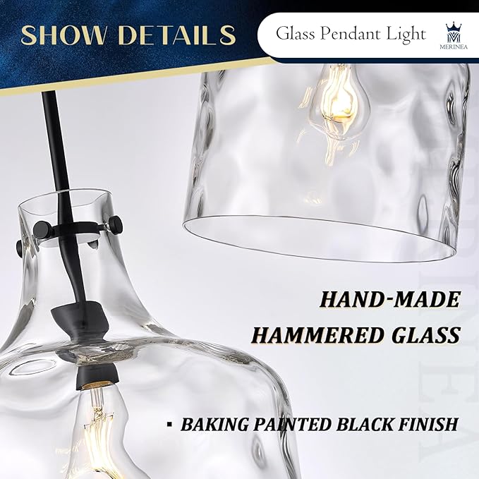 12" Farmhouse Pendant Light, Hand-Blown Clear Hammered Glass Hanging Ceiling Light Fixture with Black Finish and Adjustable Chain, Modern Rustic Lighting for Kitchen Island, Dining Room, E26 Socket