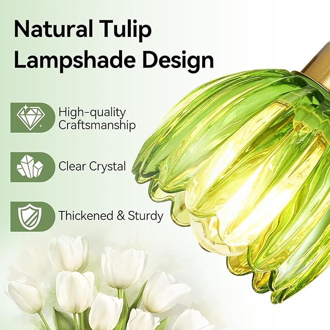 3-Light Vanity Lights with Green Tulip Glass Shade, Gold Bathroom Lighting Fixture Over Mirror, Vintage Vanity Wall Sconce Lamp for Kitchen Living Room Hallway