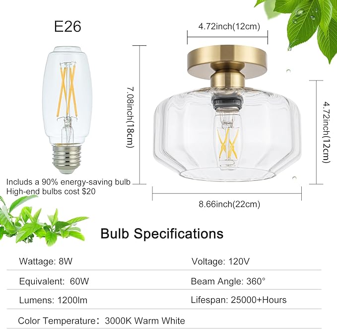 Tbaoinal Semi Flush Mount Ceiling Light with Diamond Glass Shade, 36-Faceted Panels Create Starburst Effect, 1200LM LED Bulb Included Brushed Gold Finish Ideal for Hallway Entryway Kitchen Bathroom
