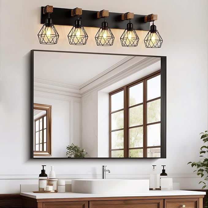 5-Light Farmhouse Bathroom Vanity Light Fixtures, Wood Bathroom Light Fixtures Over Mirror, Rustic Sconces Wall Lighting with Elegant Metal Lampshade for Living Room, Bedroom, Hallway