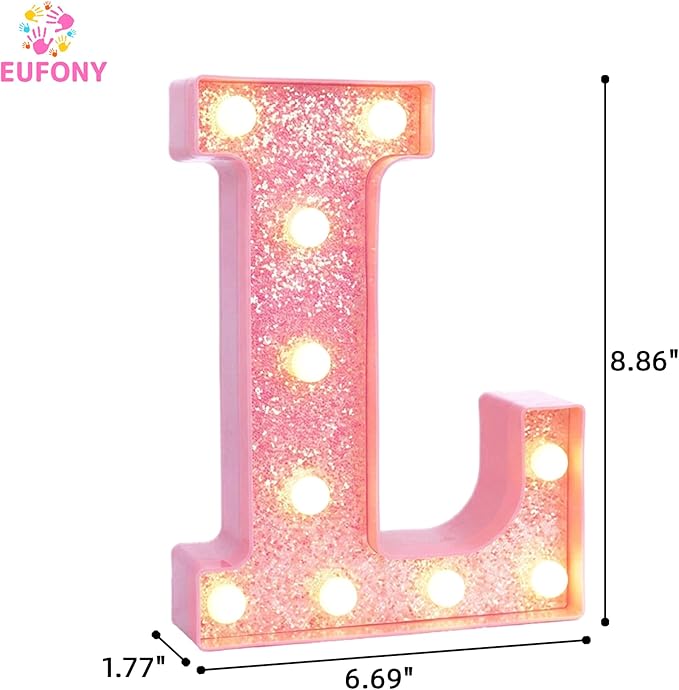 Pink Marquee Light Up Letters, Glitter Alphabet LED Letter Lights for Pink Birthday Party Decorations, Battery Operated Letter Sign for Girls Room Vanity Table Decor, Warm White Lights Letter L