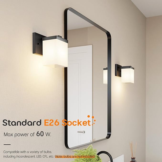 Wall Lights Matte Black Bathroom Vanity Lighting Fixtures Over Mirror with White Frosted Glass Shade, Wall Lamps for Porch Entrance, 2 Pack T003MB-L1-P2