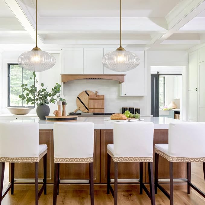 Mid Century Clear Glass Pendant Lights Kitchen Island Modern Brushed Gold Hanging Light Fixture Vintage 1 Light Single Indoor Round Pendant Lighting Adjustable Globe Hanging Lamps MPL30-D