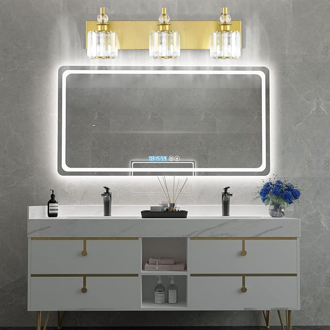 Ralbay Crystal Vanity Light 3 Light Gold Crystal Bathroom Vanity Lights Fixtures Over Mirror Modern Gold Vanity Light
