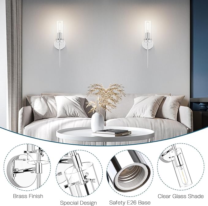 Wall Sconce Set of 2 Chrome Wall Light, Farmhouse Vanity Light Fixture Modern Indoor Wall Light with Clear Glass Shade for Bathroom Bedroom Living Room Hallway Vanity