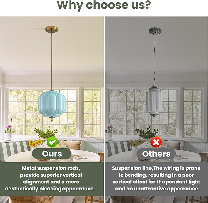 Vintage Blue Glass Pendant Lights 9.8 Inch Mid Century Modern Hanging Ceiling Light, Adjustable Height Kitchen Island Hanging Lights for Dining Room, Kitchen, Hallway and Bedroom, E26 Base