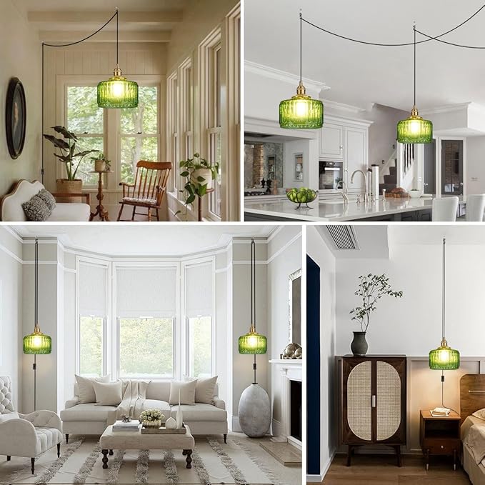 Vintage Plug in Pendant Light Fixture - Small Green Striped Glass Shade Adjustable Modern Hanging Lamp with Plug in Cord On/Off Switch Swag Pendant Lights for Kitchen Living Room