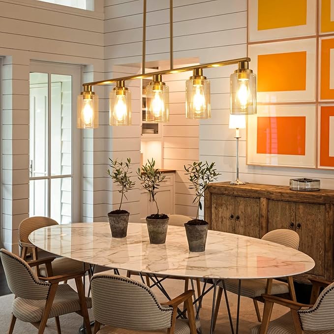Kitchen Island Lighting, 5-Light Modern Dining Room Light Fixtures Over Table,Farmhouse Gold Linear Chandeliers for Dining Room, Industrial Pendant Lights Fixture with Clear Glass Shade
