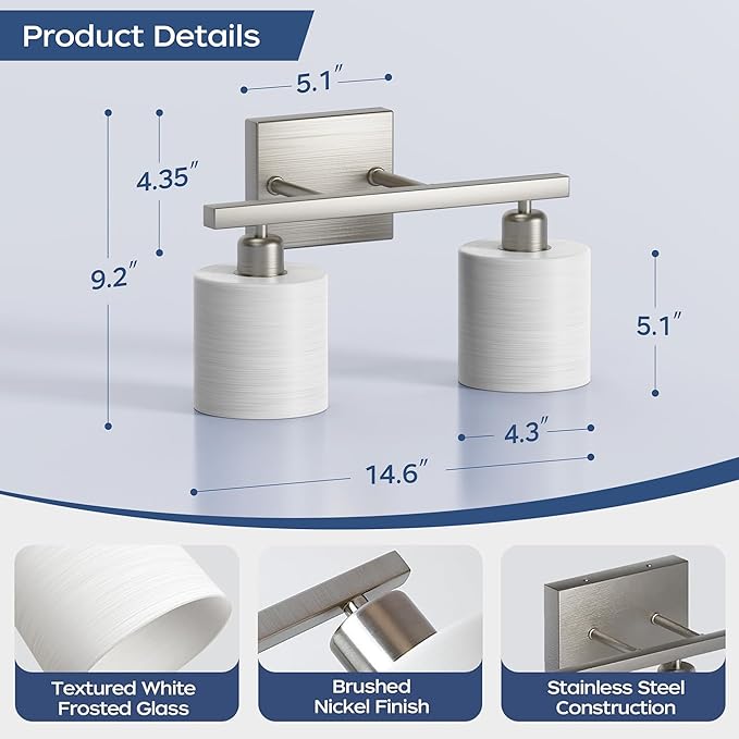 PARTPHONER Bathroom Light Fixtures, Bathroom Lighting Fixtures Over Mirror, Classic Vanity Lights, Modern Vanity Light with Textured Frosted Opal White Glass Shades, Brushed Nickel, 2-Light