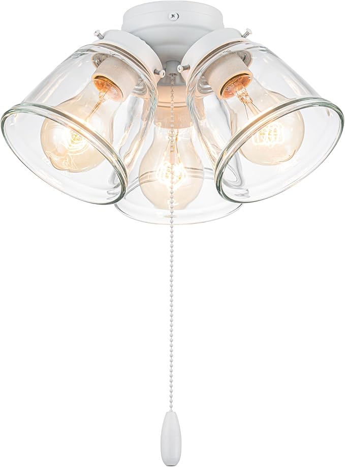 Aspen Creative 22013-1, Three-Light Ceiling Fan Light Kit with Pull Chain, Matte White Finish with Clear Glass Shades, 13-1/8" Diameter x 6-3/4" Height