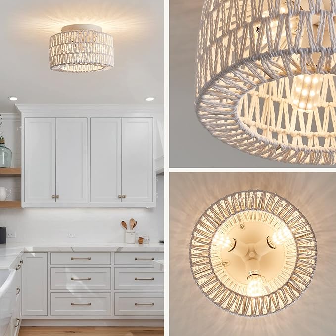 Rattan Light Fixtures Ceiling Mount, 3-Lights Boho Flush Mount Ceiling Light, Hand-Woven Cage Shade Lamp Lighting, Rustic Rattan Chandelier for Hallway Bedroom Kitchen Farmhouse Foyer Entryway (White)