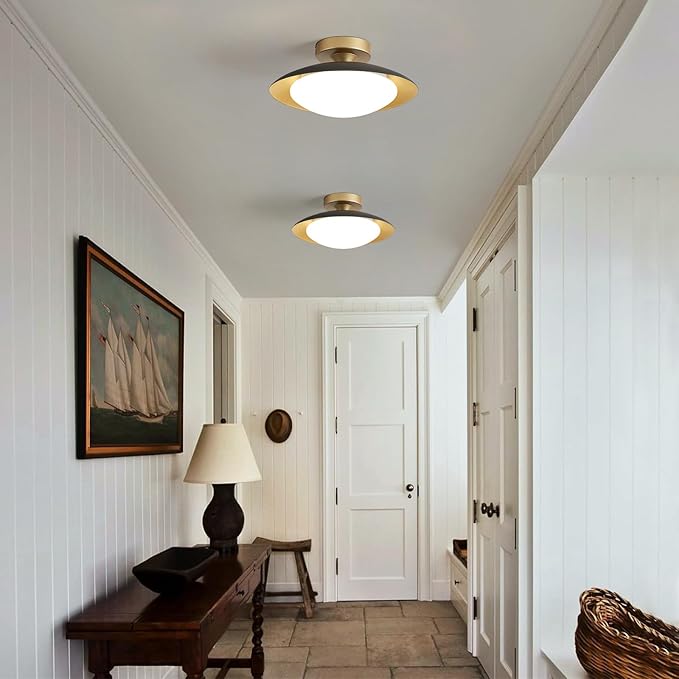 Dimmable Modern Semi Flush Mount Ceiling Light Fixture,Small Black and Gold LED Glass Shade Kitchen Ceiling Lights,5CCT In One Light Fxiture for Hallway Entryway Bedroom Laundry Room Foyer(11.81in)