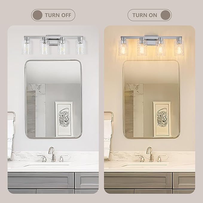 4-Light Bathroom Light Fixtures Modern Chrome Vanity Lights with Water Ripple Glass Wall Sconces Over Mirror for Bathroom, Powder Room, Living Room