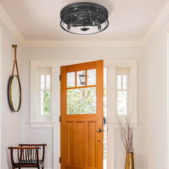 16 Inch Flush Mount Ceiling Light with Clear Glass Shade, 3-Light Indoor Outdoor Farmhouse Lighting Flush Mount Lights for Kitchen Bedroom Porch Living Dining Room(Large)