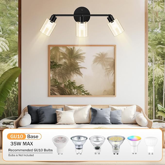 3 Light Led Track Lighting Kit, Glass Lightshade, Modern 3 Way Ceiling Spot for Kitchen, Dining Room, Bedroom, Hallway, Flexibly Rotatable Head, Black, GU10 Bulb Not Included