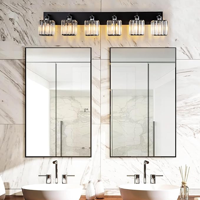 Modern Black Crystal Bathroom Vanity Light for Bathroom 6 Light Vanity Lighting Fixtures Over Mirror Wall Sconce