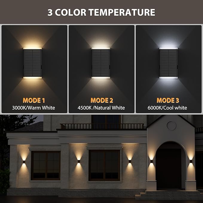 Solar Wall Light Outdoor , 3000/4000/6000K 3 Modes Dusk to Dawn Lighting Wall Sconce IP67 Waterproof Up and Down Solar Lights Outdoor Front Door Light for House, Garage, Porch, Doorway,Fence (1 PACK)
